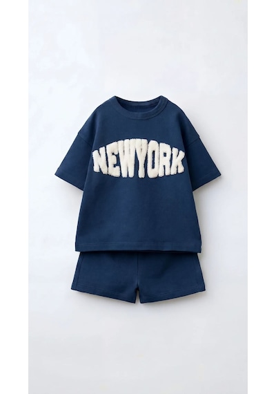 Magu Erkek Çocuk Pamuklu Mavi New York Yazı Aplikeli T-shirt Şort Takım
