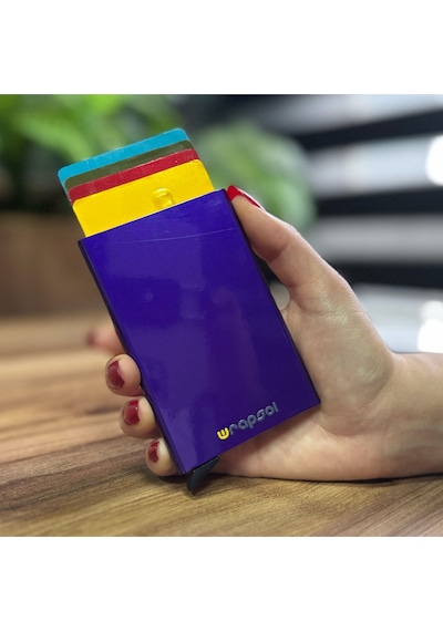 Wrapsol Mekanizmalı Kartlık Rfid Korumalı Alüminyum Otomatik Mekanizmalı Kredi Kartlık Renkli Mat Kırmızı Parlak Mor Parlak Mor
