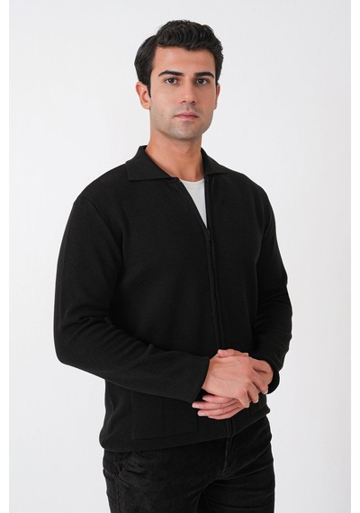Comfort Fit Fermuarlı Torba Cepli Yünlü Siyah Hırka Tr 896