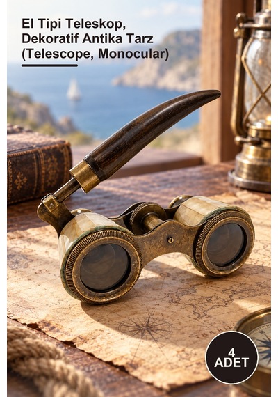 4 Adet Vintage Boynuz Saplı Pirinç Ve Kemik İşlemeli Dürbün El Tipi Teleskop, Dekoratif Antika Tarz Telescope, Monocular Diğer