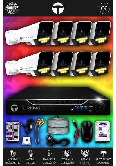 Turkno 8 Kameralı Supia 8 Dış Kamera Set 2 TB 5 MP 2K Net Renkli Gece Görüşlü Güvenlik Kamerası Sistemi