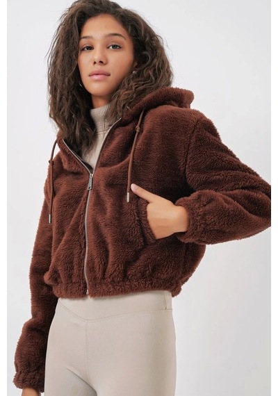 Defymoda 5193 Kapüşonlu Peluş Crop Ceket - Kahverengi Kahverengi