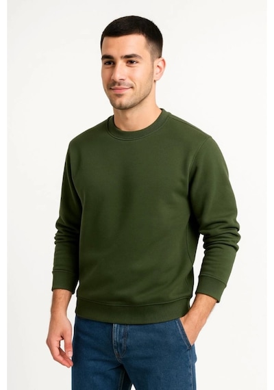 Butik İstanbul Erkek Üç İplik Düz Bisiklet Yaka Sweatshirt - Haki