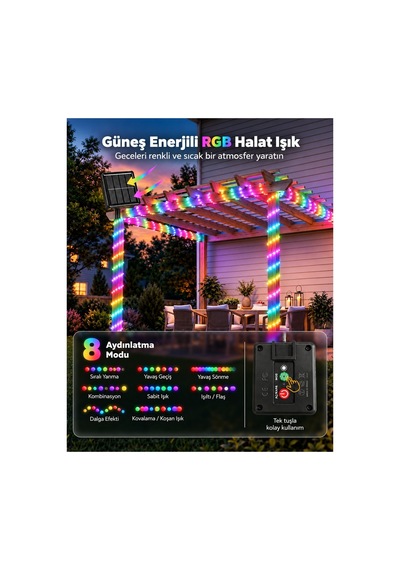 Robeve Güneş Enerjili Solar Led Halat Işık Led Işık Yılbaşı Işık 10 Metre Suya Dayanıklı 8 Modlu Dış Mekan Iç Mekan Bahçe Balkon Teras Ağaç Dekoratif Hortum Aydınlatma Yılbaşı Işığı Rgb Çok Renkli