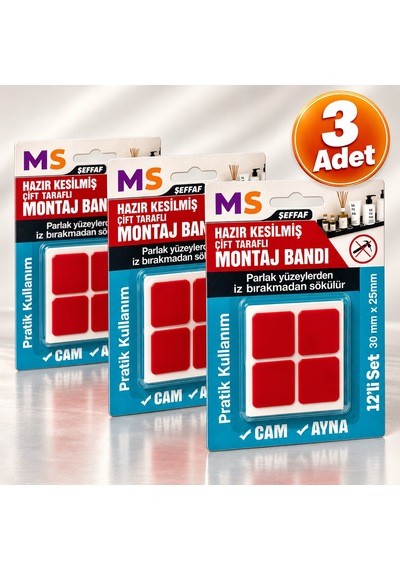 3 Adet Ultra Güçlü Hazır Kesilmiş Çift Taraflı Montaj Bandı 12'li Şeffaf Bantı 30 Mm X 25 Mm Bantları