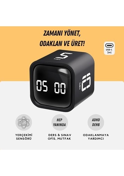 Gt-1 Pomodoro Zamanlayıcı Küp, Flip Timer, Öğrenci Ders Çalışma Saati, 5/10/30/60 Dk & Özel Geri Sayım, Usb Şarjlı, Sessiz/titreşimli Alarm, Mutfak Kronometresi - Siyah