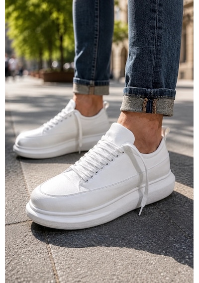 Mevese Meverk Cilt Erkek Sneaker Ayakkabı Kalın Taban Günlük Beyaz