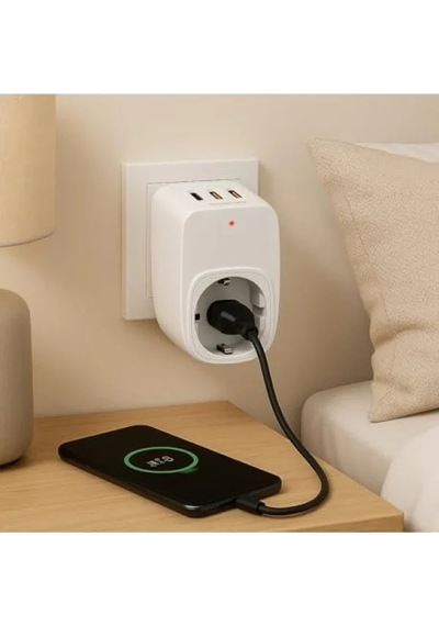 Çok Fonksiyonlu Tekli Priz Ve 3 Usb Çıkışlı Hızlı Şarj Adaptörü 0