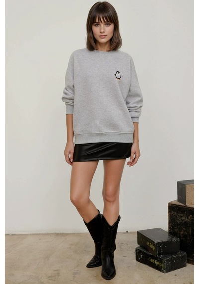 Hiccup Rahat Hayvan Nakışlı Şardonlu Bisiklet Yaka Hoodie Gri