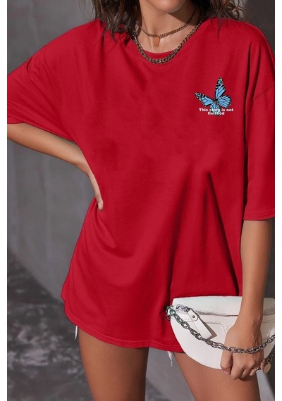 Unisex Kelebek Baskılı Tasarım Tshirt Kırmızı