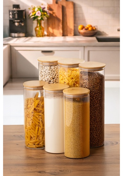 Porsima 4-3 Bambu Vakumlu Kapaklı Yuvarlak Borosilikat Cam 6lı Kavanoz Seti Saklama Kabı 2100ml 10x30cm Cam - Şeffaf