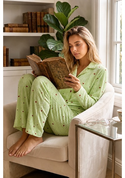 Womanandkids Night Yeşil Kadın Puantiyeli Uzun Kollu Düğmeli Pijama Takımı