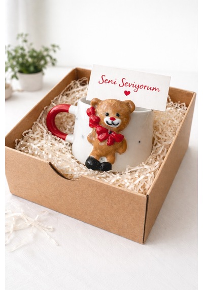 Ayı - Teddy Bear Konseptli Kupa Bardak Kutulu Gönderim Beyaz  - Kırmızı