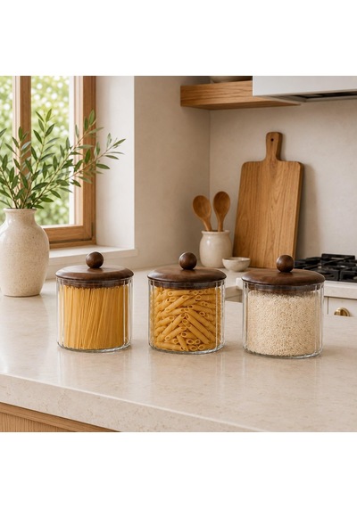 3'lü Set 750 Ml Akasya Kapaklı Çizgili Cam Kavanoz Seti Kahve Çay Şeker Kuruyemiş Saklama Kabı Çok Renkli
