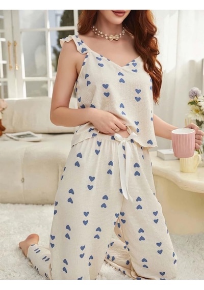 Fantezia Kadın Ekru Mavi Kalp Desenli Yumuşak Pamuklu Uzun Pijama Takımı 5137