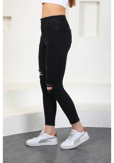 Füme Diz Yırtık Yüksek Bel Pantolon Skinny Jeans Füme