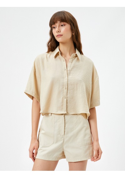 Koton Crop Kısa Kollu Gömlek Düğmeli Rahat Kesim Bej 3sak60497pw Ekru