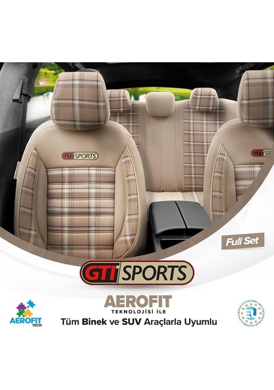 Gti Sports Design Oto Koltuk Kılıfı Ekstra Destekli Özel Jacquard Kumaş Tam Set - Bej
