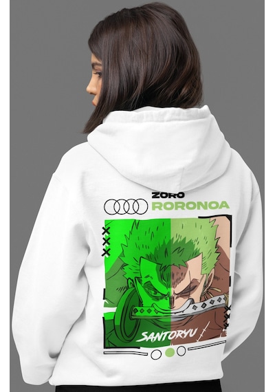 Sevbano Roronoa Zoro One Piece Sırt Baskılı Unisex Oversize Penye Hoodie beyaz