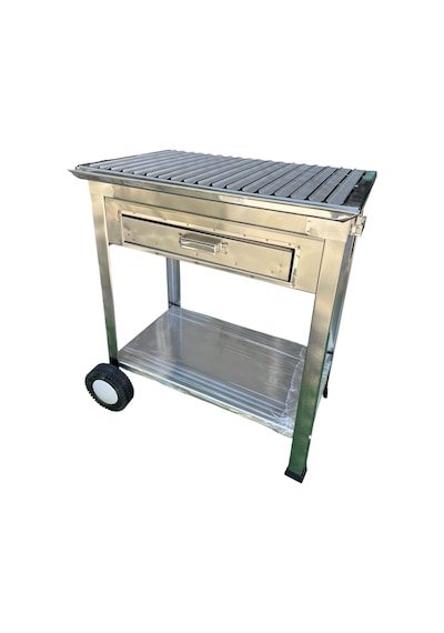 Paslanmaz Kömürlü Mangal Çekmeceli 35 X 60 Cm Tekerlekli Barbekü Gri