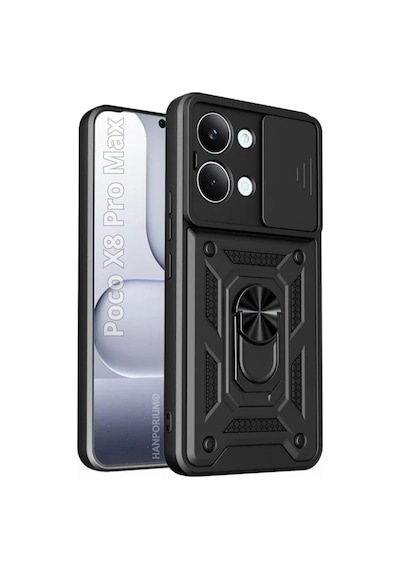 Poco X8 Pro Max Uyumlu Tank Kılıf Yüzük Standlı Extra Darbe Koruma Zırhlı Outdoor Kapak Siyah