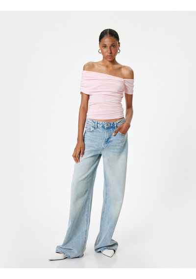 Koton Kayık Yaka Tişört Drape Detaylı Slim Fit Kısa Kollu Pembe 4sal11078ık Gül