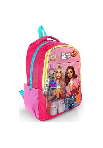 Kids Pembe Neon Mercan Fashion Girl Desenli Üç Bölmeli Okul Sırt Çantası 23669