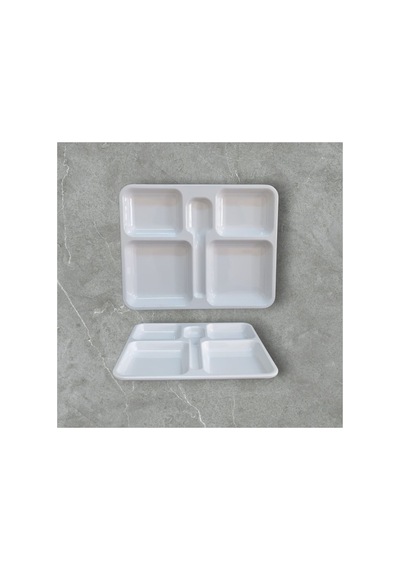 12 Adet %100 Kırılmaz Melamin 5 Bölmeli Tabldot Yemek Servis Tabağı - 34x28 Cm Beyaz Beyaz
