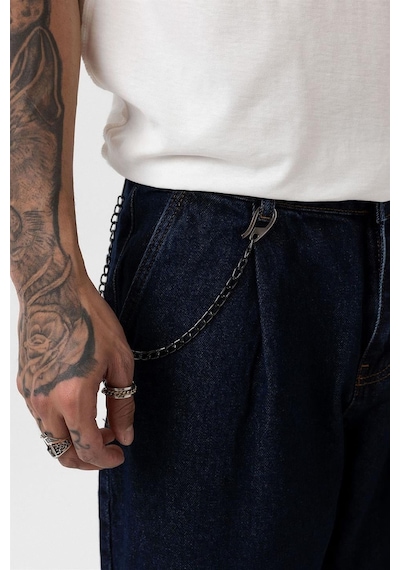 Vamos Pileli Zincir Detaylı Baggy Jean Koyu Mavi