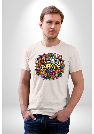 Turkiye Özel Karakterleri Unisex Unisex Beyaz Organik Baskılı T-shirt Penye Yüksek Kalite Beyaz