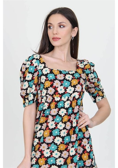 Dip Moda Kadın Kare Yaka Çiçek Desenli Viskon Elbise Dpnb10026 Turkuaz