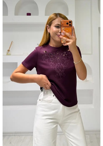 Fiolin Soft Touch Modal Kumaş Nakışlı Lazer Kesim T-shirt Mürdüm