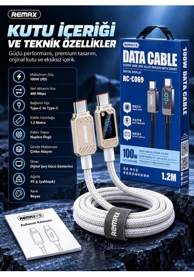 Remax Suxien Rc-c069 100w Pd Dijital Ekranlı Type-c To Type-c Hızlı Şarj Ve Data Kablosu 1.2 Metre Beyaz