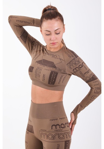 Maraton Active Slimfit Kadın Bisiklet Yaka Uzun Kol Koşu Kakao Crop Top 816025 Kahverengi