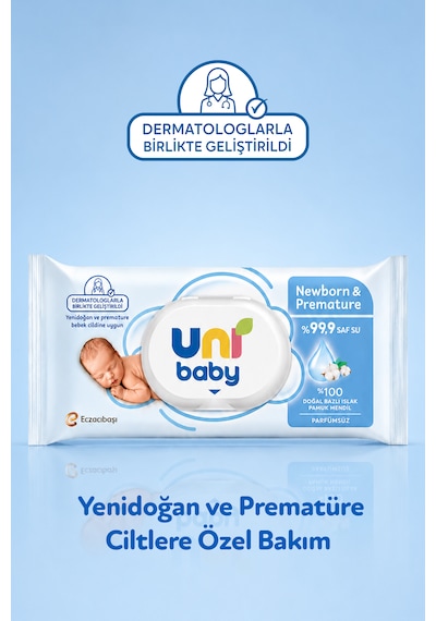 Uni Baby Newborn & Premature Yenidoğan Islak Pamuk Mendil 12x40 480 Yaprak 12'li Set