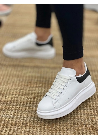 Kadın Erkek Unisex Bağcıklı Deri Yüksek Tabanlı Rahat Günlük ... Beyaz - Siyah
