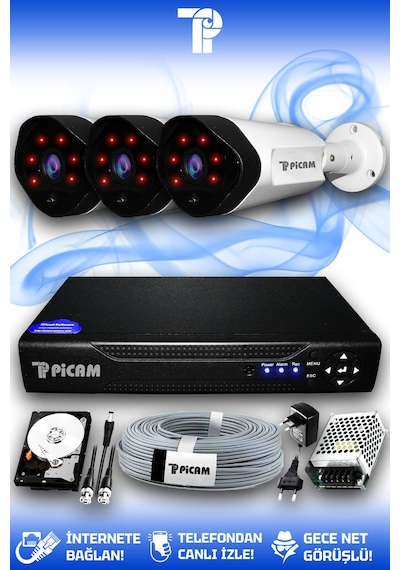 Picam 3 Kameralı Uzay 3 Dış Kamera Set 2 TB HDD Full HD Gece Görüşlü Güvenlik Kamerası Sistemi