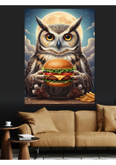 Ahşap Tablo Burger Yiyen Bilge Baykuş Dekoratif Tablolar