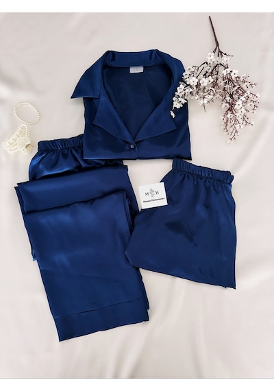 Mh Moony Homewears 3'lü Yumuşacık Saten Lacivert Pijama Takımı Tatlı Lacivert