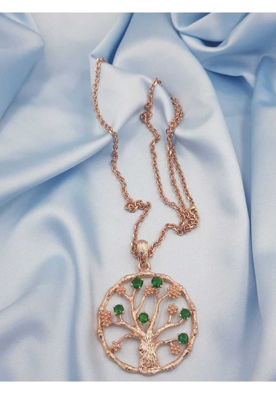 Vog Çelik Xuping Yeşil Zirkon Taşlı Rose Renk Hayat Ağacı Sevgiliye,anneye,arkadaşa Hediye Kolye Rose Gold