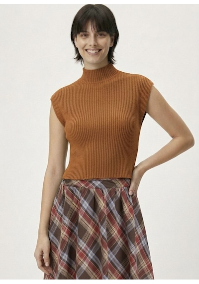 Neden Tekstil Kadın Yarım Balıkçı Yaka Fitilli Triko Kolsuz Crop Bluz - Kahverengi