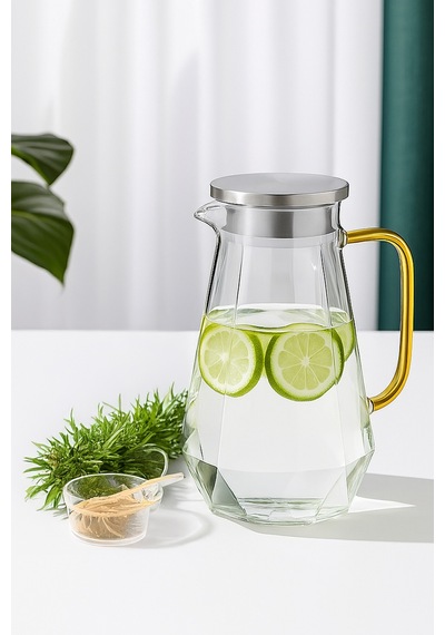5 Parça Cam Sürahi Ve Bardak Seti Metal Kapaklı 1500 Ml Sürahi + 4 Adet 350 Ml Bardak