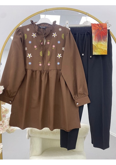 Lovie Moda Kadın Çiçek İşlemeli Takım - Kahverengi Beyaz