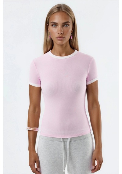 Hiccup Busem Fitilli Yuvarlak Yaka Kısa Kollu T-shirt Toz Pembe
