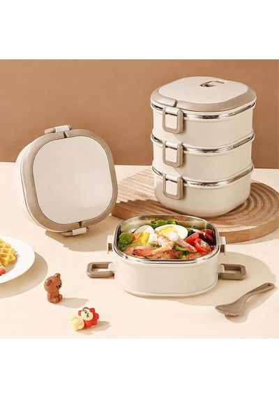 Valkyrie 3 Katlı Yemek Kabı 2100 Ml Termal Çantalı Lunch Box, 304 Paslanmaz Çelik, Bpa İçermez Krem
