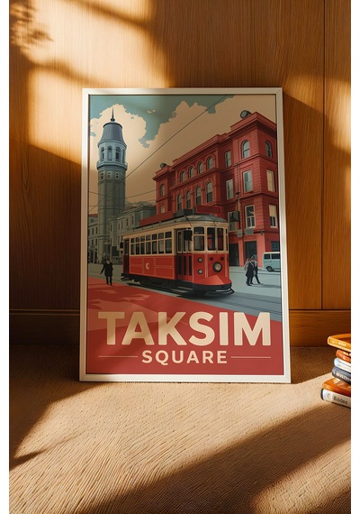 Taksim Meydanı Tablo - Nostaljik İstanbul Posteri - Retro Tramvay Duvar Dekoru - Şehir Tablosu Beyaz