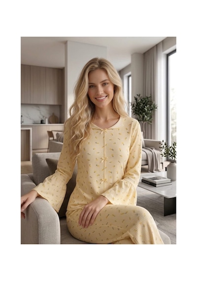 Kadın Uzun Kollu Desenli Fiyonk Detaylı Kaşkorse Kumaş Pijama Takımı Sarı