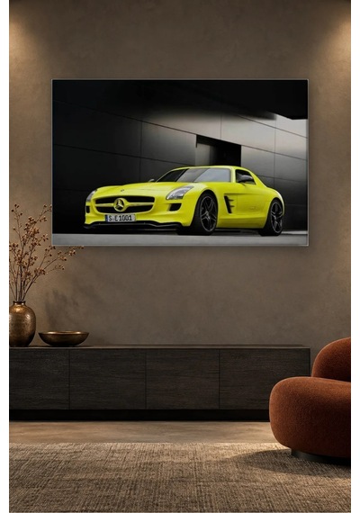 Fida Siyah Duvar Önünde Neon Sarı Mercedes Sls Canvas Tablo