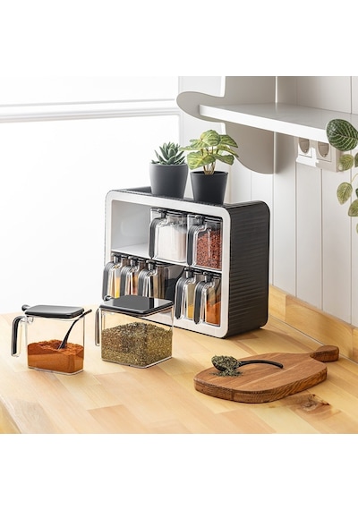 Standlı Baharatlık Takımı Kaşıklı Ve Kapaklı 12'li Baharatlık Set