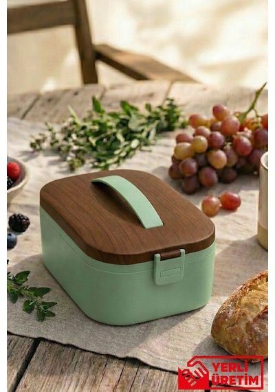 Lunchee - Çelik Bölmeli Sızdırmaz Ahşap Görünümlü Vakum Kapaklı Yemek Kabı Lunchbox 650 Ml Yeşil
